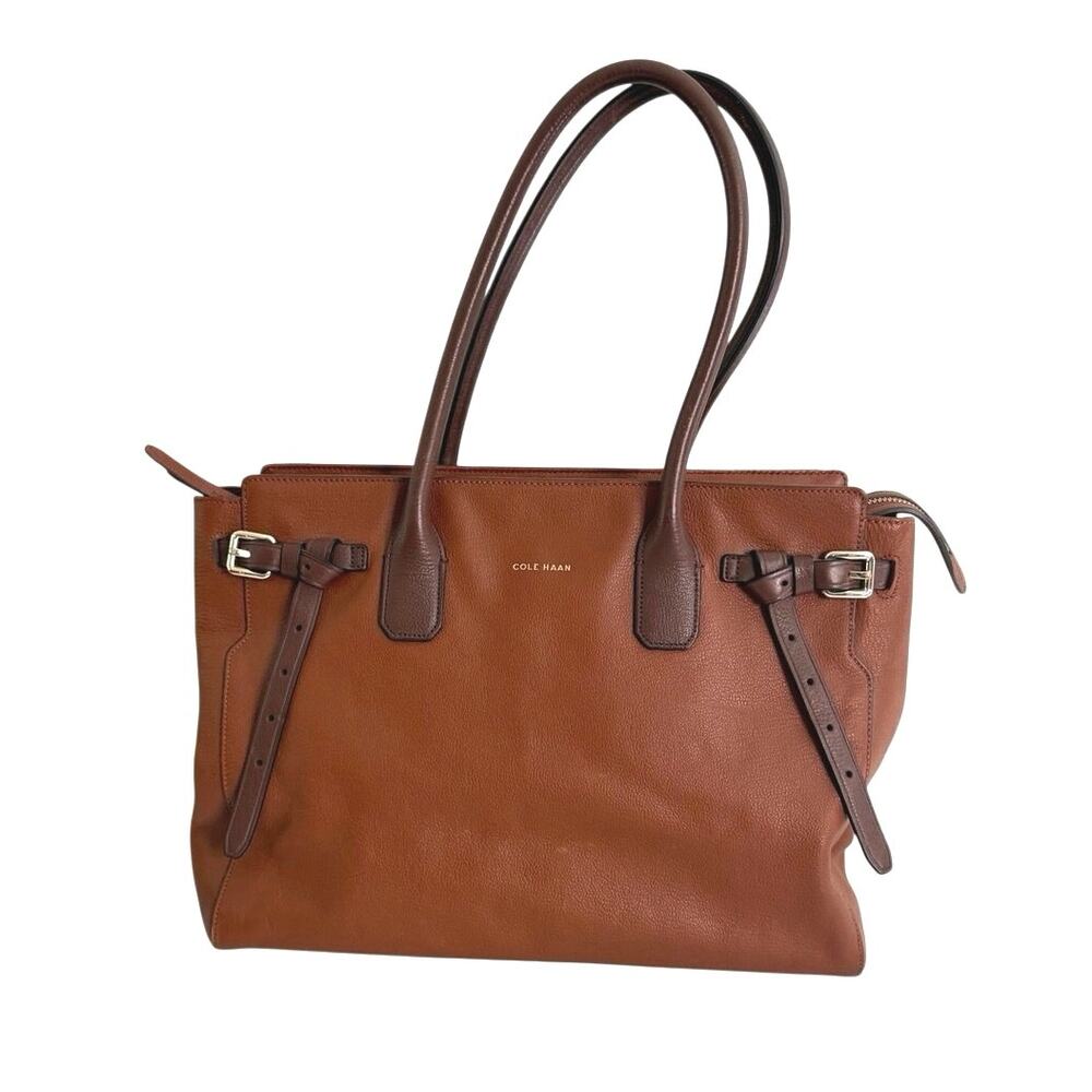 Cole Haan brown pebbled leather satchel tote belted detail